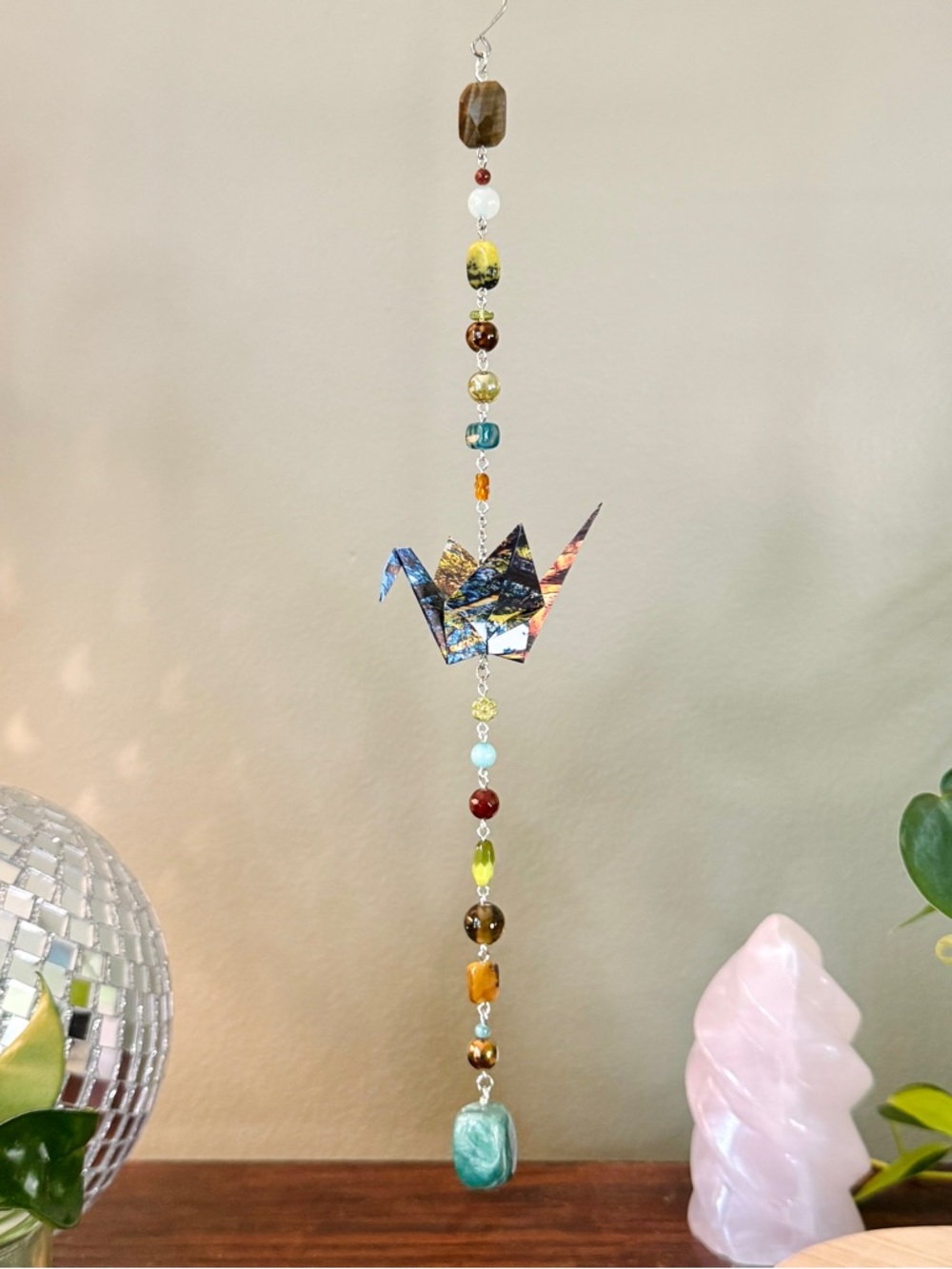 Origami Ornament #2492 - Medium Crane with Glass and Stone Beads